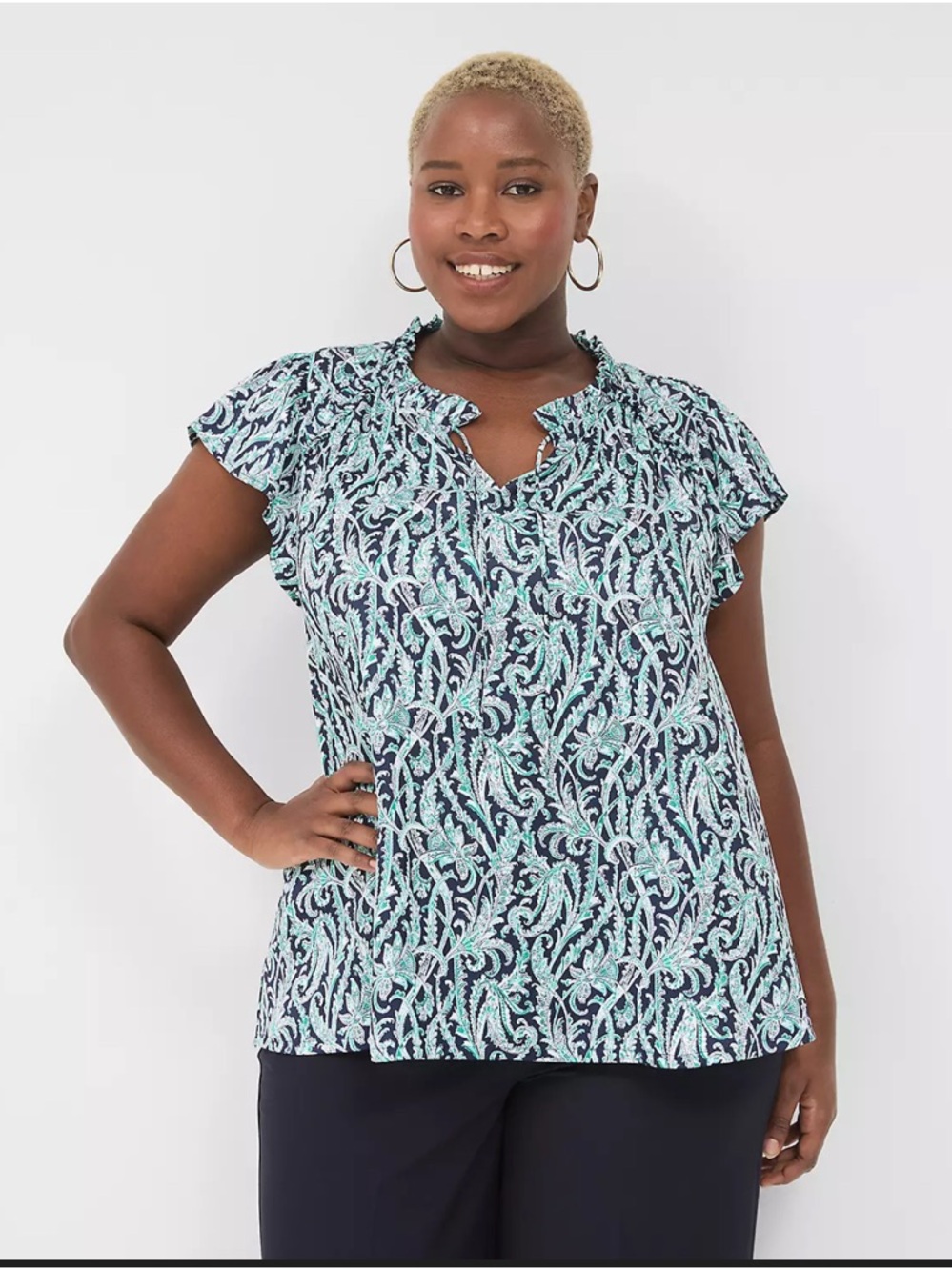 Lane Bryant Navy & Mint Printed Short Sleeve Ruffle Top 26/28